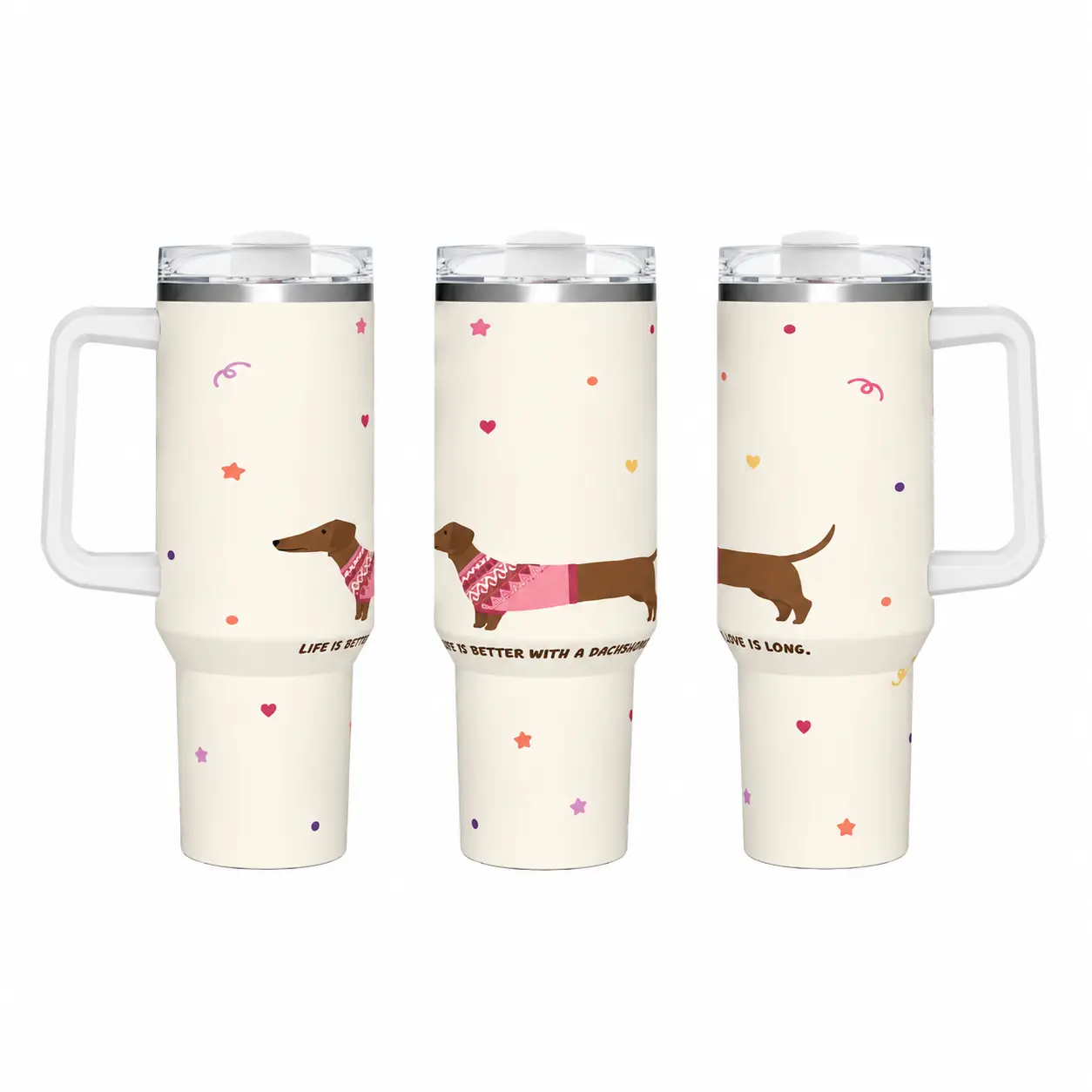 40oz Stainless Steel Insulated Portable Water Bottle Tumbler - Leak-proof Double-Wall Hot/Cold Cup with Handle, Straw, Cream Base, Sweater-Wearing Wiener Dog Print, Heart-Star Confetti, Pet-Owner Quote for Daily Hydration