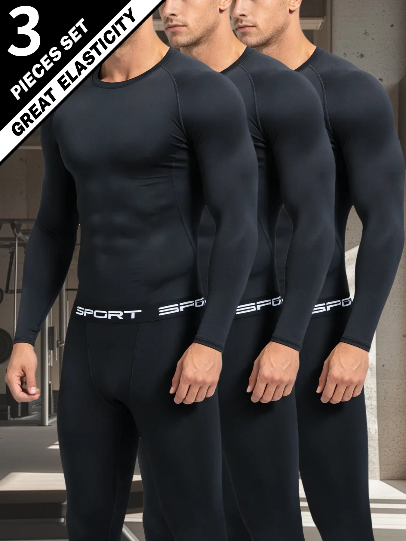Men's 3 Pieces Compression Pants & Shirts Set, Quick Dry Athletic Workout Base Layer Leggings & Long Sleeve Tops for Gym Running