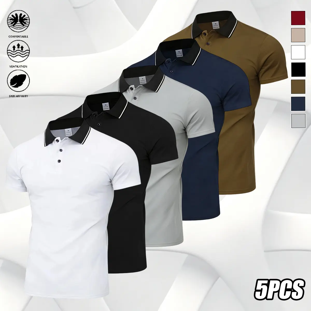 Men's 5-Pack Polyester Polo Shirts, Solid Short Sleeve Business Casual Tops for Summer Golf Wear, Multi-Size