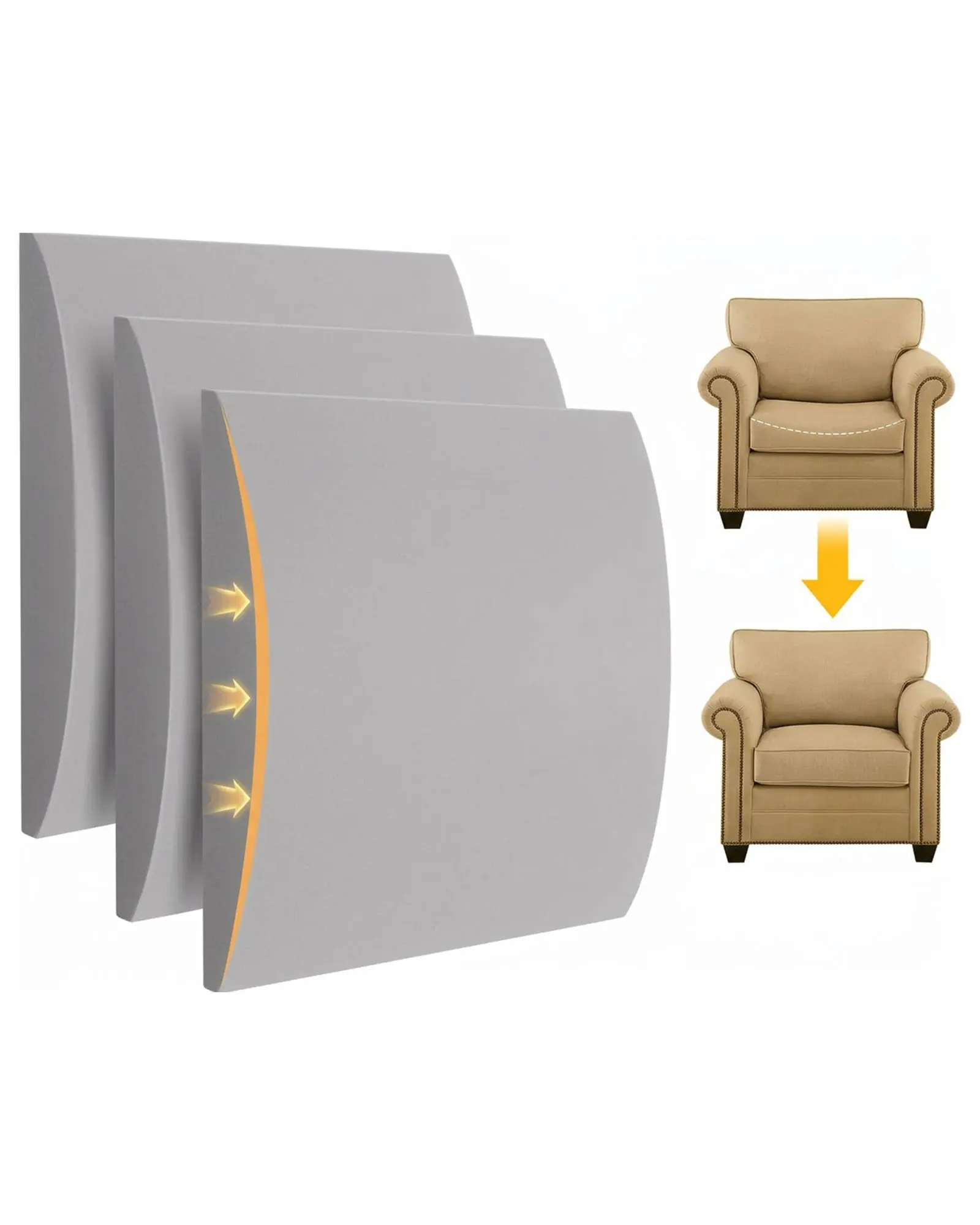 3pc (22x22x2.4in) Cuttable High-Density Foam Cushion Support, 40D High Resilience Curved Seat Saver Pads, Fix Sagging Sofas/Couches, Durable Replacements, Improve Appearance, Grey, Ideal for Entertaining Guests