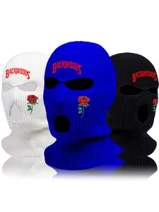 Halloween Beanie with Letter & Flower Embroidery Design, Fitted Ski Mask for Men Women, Warm Knit Face Cover for Party Outdoors