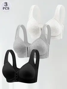 3 Pack Ribbed Seamless Fabric Bras, Front Buckle Convenient Wear, Wireless Soft Support, Wide Shoulder Straps Comfort, Breathable Skin Friendly, All Season Basic Essential