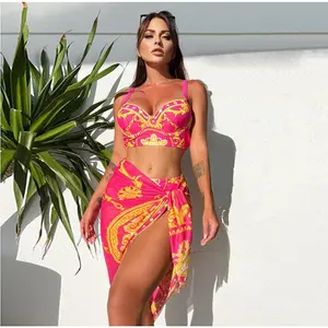 Woman Bikini Set Swimsuit Red Gold Print