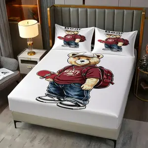 Skateboard teddy bear printed bedsheet, including 1 bedsheet and 2 pillowcases, anti slip dust cover suitable for bedrooms and guest rooms, suitable for personal use or gift giving