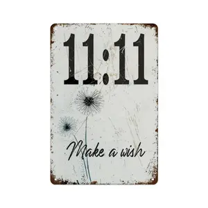 "11:11 Make a Wish" Vintage Rustic Metal Tin Sign. Distressed Design with Dandelion, Suitable for home, room, Office, cafe, bar. Durable Indoor/Outdoor Sign, Cozy Wish & Fortune Home Decor. easy hang wall art Wooden Home Sign Yard Sign Acrylic Plaque