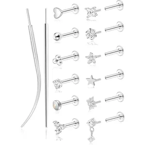 Push in Earrings Studs 20G Stainless Steel Flat  Earrings Threadless Nose Rings CZ Tragus Cartilage Helix Conch Lip Labret Nostril   for Women Men   Tone 6mm 8mm