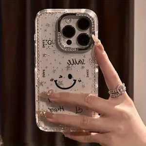 Simple joyful Face Luxury Rhinestone Fashion Phone Case, Transparent Sparkling Diamond Frame Star Case Anti-Drop Case, Compatible with iPhone 17 Pro Max 17 Air 16 15 14 Plus 13 12 Protective Cover, Christmas Gift, New Year Gift, Easter Gift