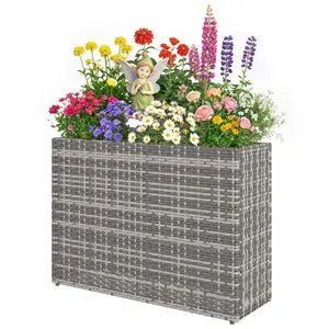 Tall Rectangular Planter with Removable Liner, Holes, PE Wicker Large Planter Box for Indoor Outdoor Plants, Gray