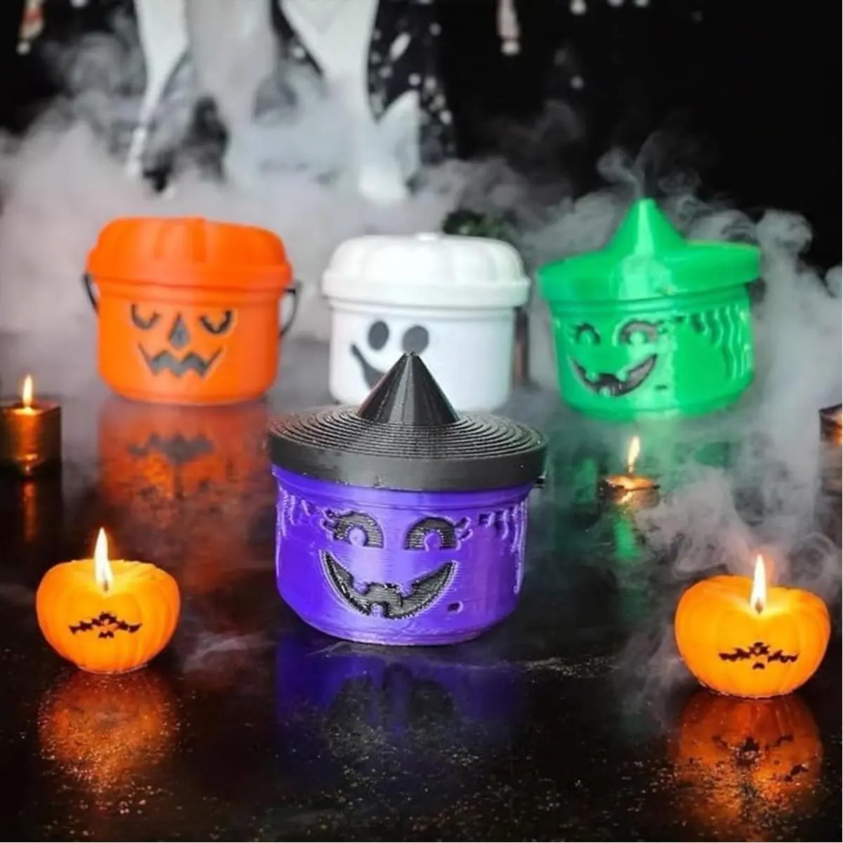 Mini Boo Bucket Halloween Set – 4 Pcs Spooky Candy Bowls with Handles, Plastic Trick-or-Treat Nostalgia Decor, Pumpkin Ghost Witch Green Black Mini Buckets for Party Favors Gifting