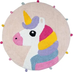 360 stand 32 in. Pink & Yellow Cotton Unicorns Round Bath Mat, Cozy Decorative Youthful Bath Rug, Mildewproof for Laundry Use