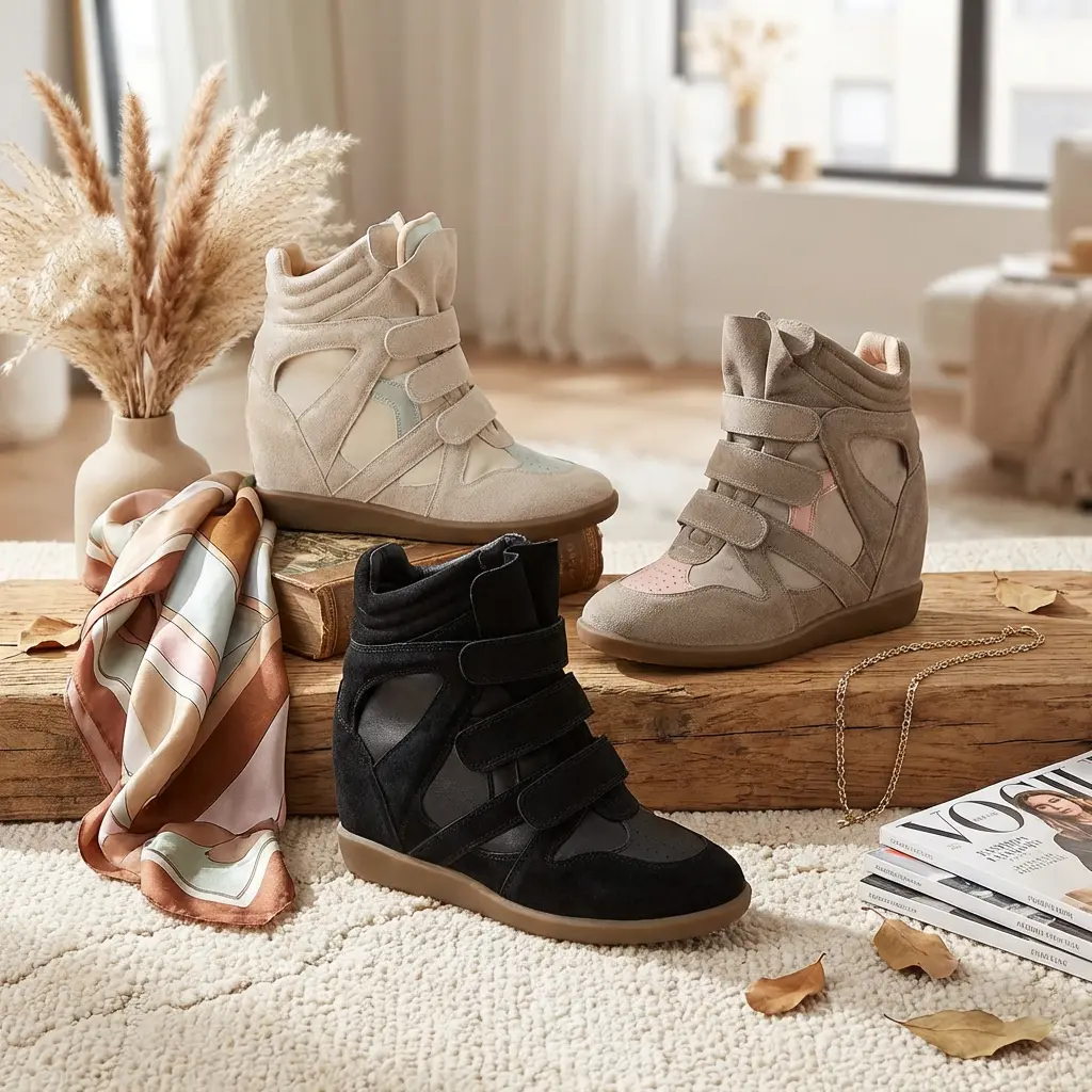 Women's Fashion Wedges, Cute High Top Shoes in Faux Suede with a Hidden Heel, Height-Increasing Walking Style with Velcro Straps & Gum Sole, Walking Shoes, Sneaker, Shoes For Women