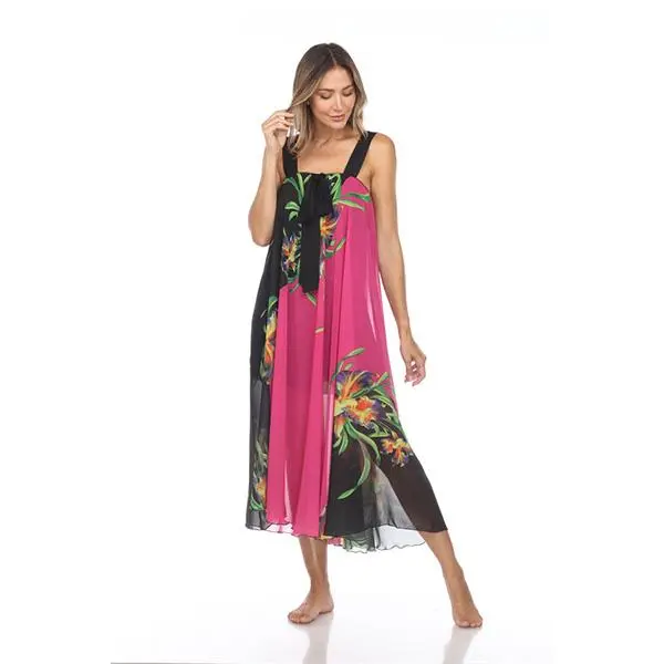 Circular Chiffon Flower Print Long Dress - 100% Polyester Hi Multi Chiffon, Soft & Comfortable, Hand Wash Only, Made in USA (FUSCHIA)