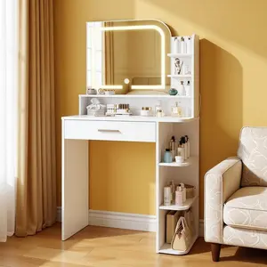 Wanan Makeup Vanity Desk with Mirror and Lights 3 Colors Compact Size for Small Spaces Girls Vanity with LED Strip Light and Large Storage Capacity