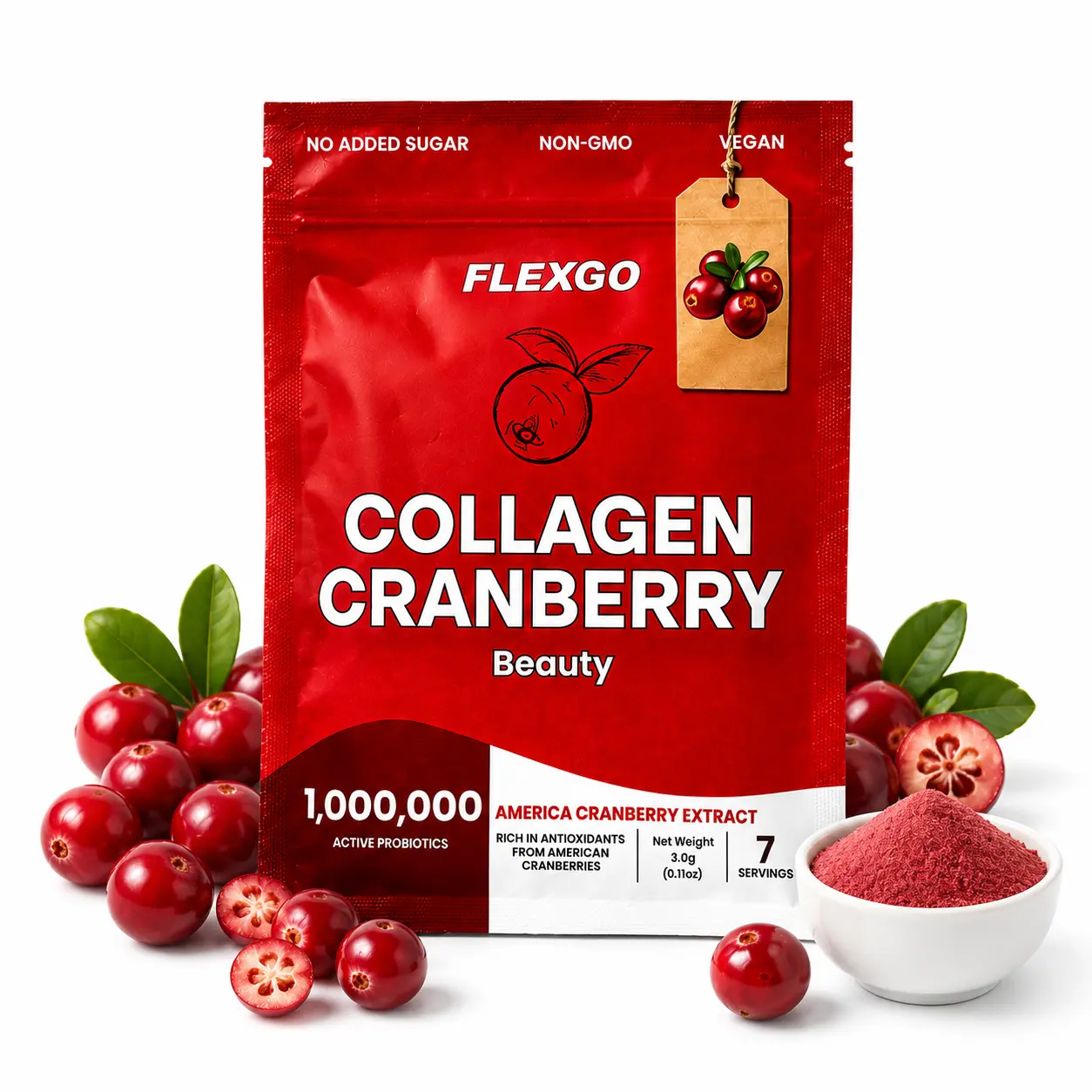 FlexGo Collagen Cranberry Probiotic Drink Mix, Skin Glow Support, Gut Balance, Light Daily Feel, Daily Beauty Powder, Vegan, Non-GMO, No Added Sugar, 7 Sachets
