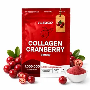 FlexGo Collagen Cranberry Probiotic Powder Drink, Daily Beauty Support & Gut Balance, Vegan, Non-GMO, No Added Sugar, 7 Sachets