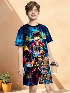 Boys' Colorful Short Sleeve Set, Cyber Lightning Print, Summer Essential, Fitted Crop Tee, Asymmetrical Design, Casual Style