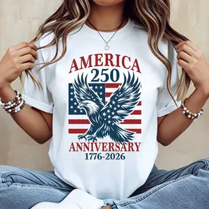America 250 Anniversary Eagle And Flag Print T-Shirt Crew Neck Casual Tee For Independence Day Celebration