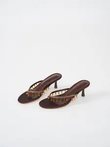 Women's Satin Crystal Embellished Thong Heeled Sandals - 5cm Elegant  Kitten Heel Mule Dress Sandals for Party & Date Night