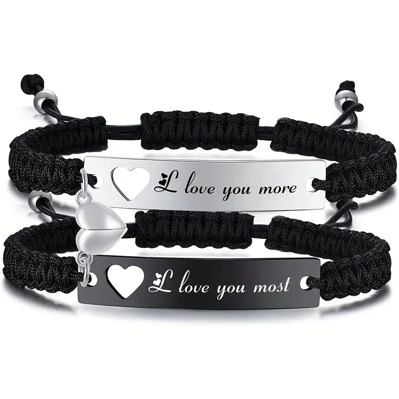 September Laurel Romantic Couple Bracelet Set, Engraved Love You More Love You Most, Adjustable Braided Rope, Anniversary & Valentine’s Day Gift