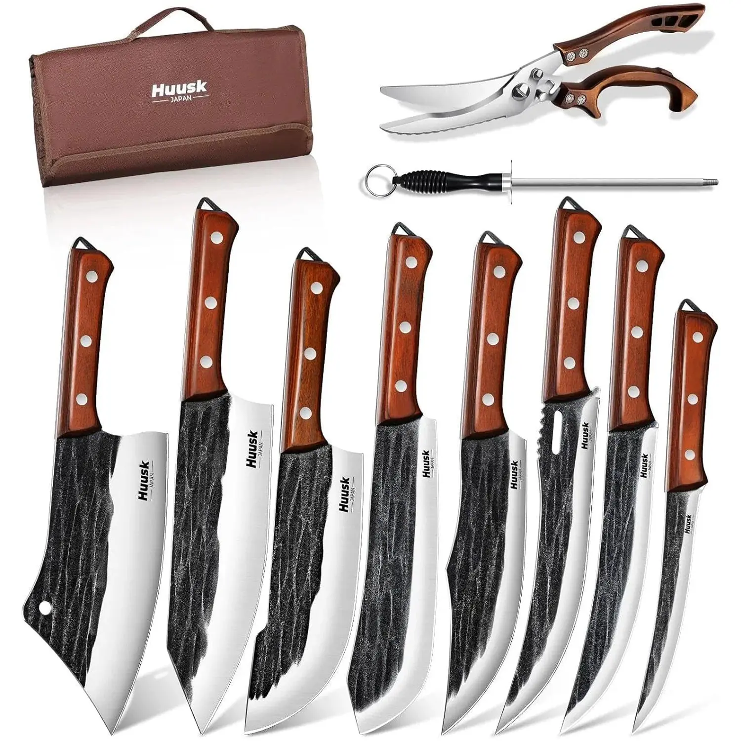 Huusk Butcher Knife Set, 10-Piece Hand Forged Chef Knife Set with Bag, Sharp Meat Cleaver & Bbq Carving Knives & Boning Breaking Knives for Kitchen, Fathers Day Gift for Men
