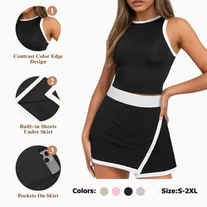 FISOEW Sports Womens 2 Piece Outfits Casual Sleeveless Contrast Color Tank Tops Workout High Waisted Skort Skirts Sets Fashion Minimalist FallFreshness Shorts Clothes,Valentine's Day Gift Recommendations