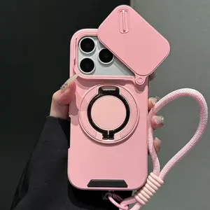 Rotatable Camera Cover Phone Case Protector Shield Your Lens + Stand Magnetic Charging in One with Lanyard for iPhone 17 Pro Max 16 Plus 15 14 13 12, 360° Bracket Heavy Duty Armor Case