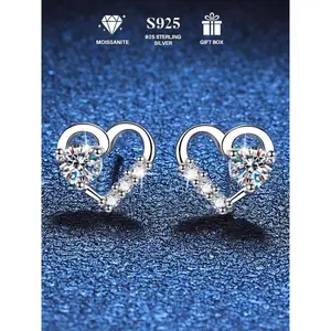 S925 Sterling Silver Heart Shaped Synthetic Moissanite Decor Earrings with Box, Fashionable Earrings for Women & Girls, Trendy All-match & Exquisite Jewelry for Birthday Gift