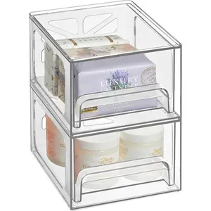 Drawer Organizer 2-Pack - Clear Stackable Storage Drawers for Makeup, Skincare, , Bathroom, Under Sink, Kitchen & Office - Non-Slip, Durable, Multi-Purpose Organizer Bins