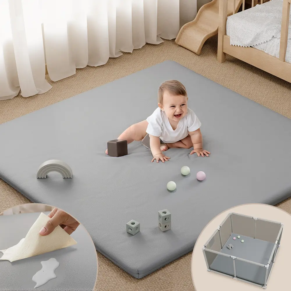 BIOBY Baby Vegan Leather Play Mat, 50"x 50", For Floor Mat Playpen Mat, Thickened High-Density Foam Playmats for Babies and Toddlers - Extra Soft and Resilient, Easy to Wipe Clean, Grey, Mother's Day Gift, Summervibes