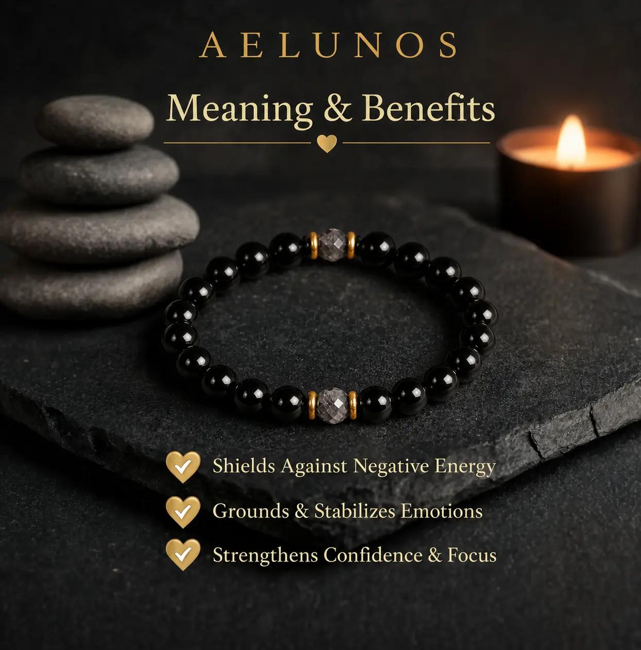 AELUNOS Unisex Natural Stone Faceted Obsidian & Larvikite Crystals Protection Bracelet, Grounding Energy Healing Beads, Everyday Fashion Jewelry, Birthday Anniversary Love & Freedom Gift, Stretch Fit