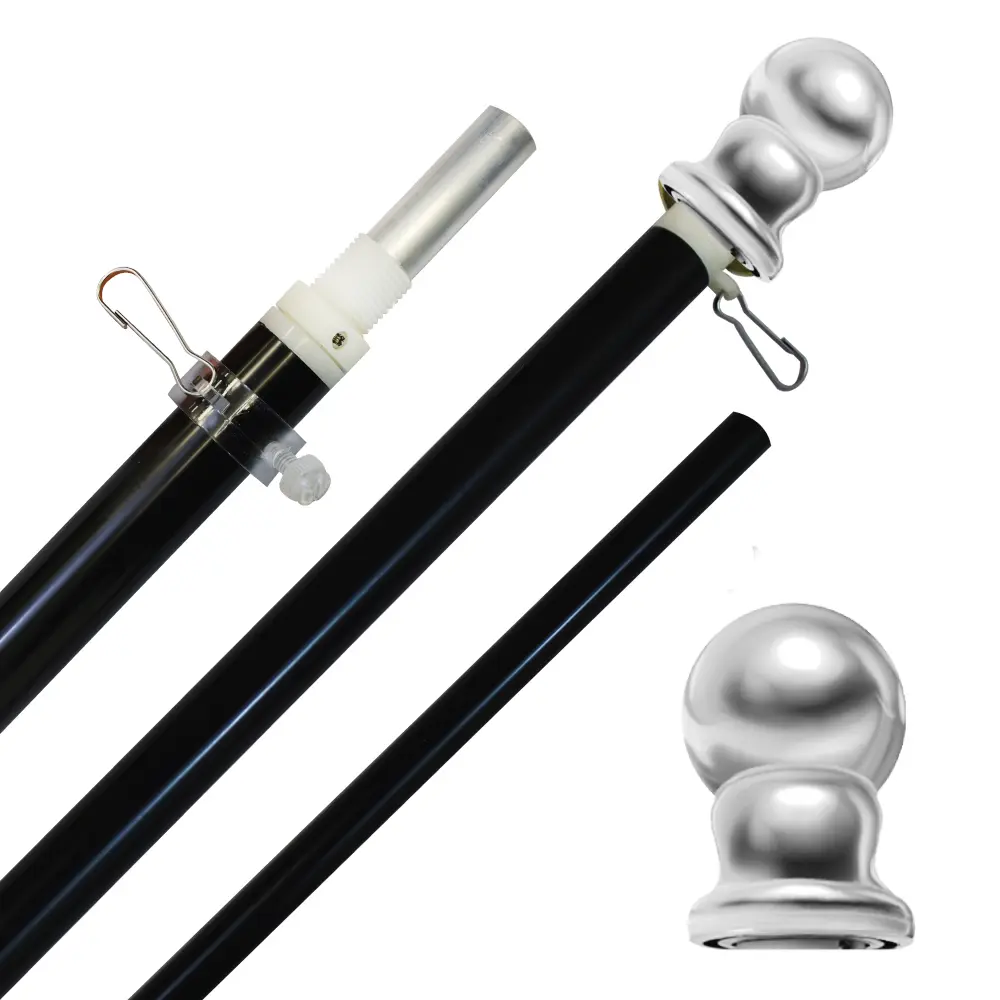 5ft Long Aluminum Spinning Flag Pole - 1-in Diameter, 2-Section Spinning Stabilizer, Mid-Section Ball Joints, Flag Never Tangles, Black Finish, Silver Ball Top, Wall-Mount Only for Home Improvement & Garden Decor