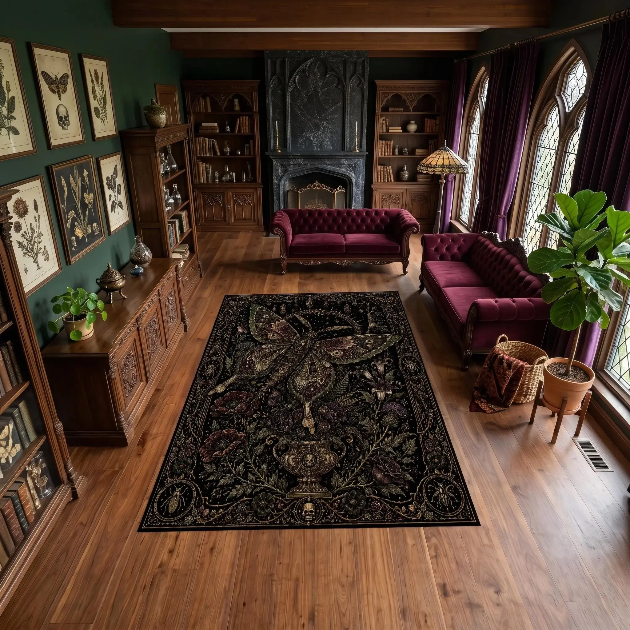 Gothic Death Moth Area Rug, Dark Academia Butterfly Carpet, Celestial Botanical Floral Rug, Witchcore Victorian Living Room Decor