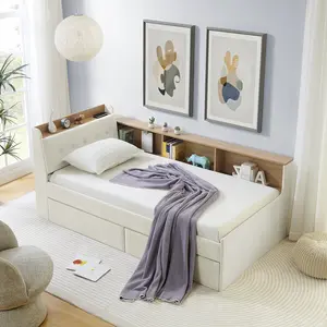 Eyisean Twin Size Daybed with Storage Headboard, Velvet Multi-functional Daybed with Wireless Charging, Two Storage Drawers & LED Lights, Corner Bed Frame for Bedroom/Office
