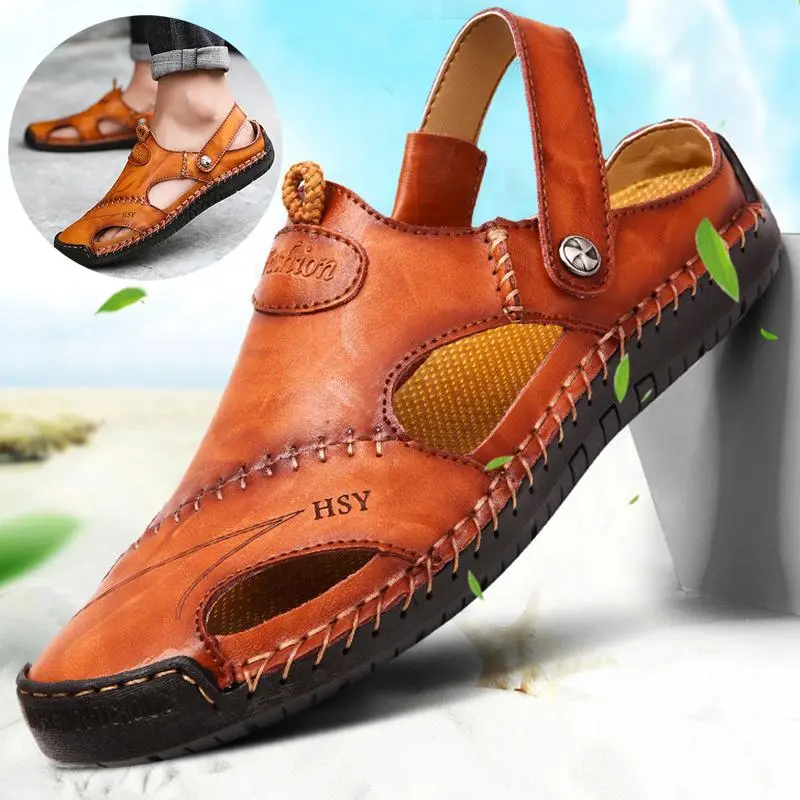 Men's Casual Closed Round Toe Fisherman Sandals - Adjustable Strap, Sewn Rubber Sole, Unique Design, Beachwear for Summer Use