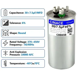 CINACE 30+7.5uF 30/7.5MFD CBB65 Dual Run Circular and Start Capacitor For Air Conditioner, AC Motor Run, Fan Start, Condenser Straight Cool, Heat Pump, Condenser Unit, HVAC, Ice Maker 370/450VAC 50/60Hz