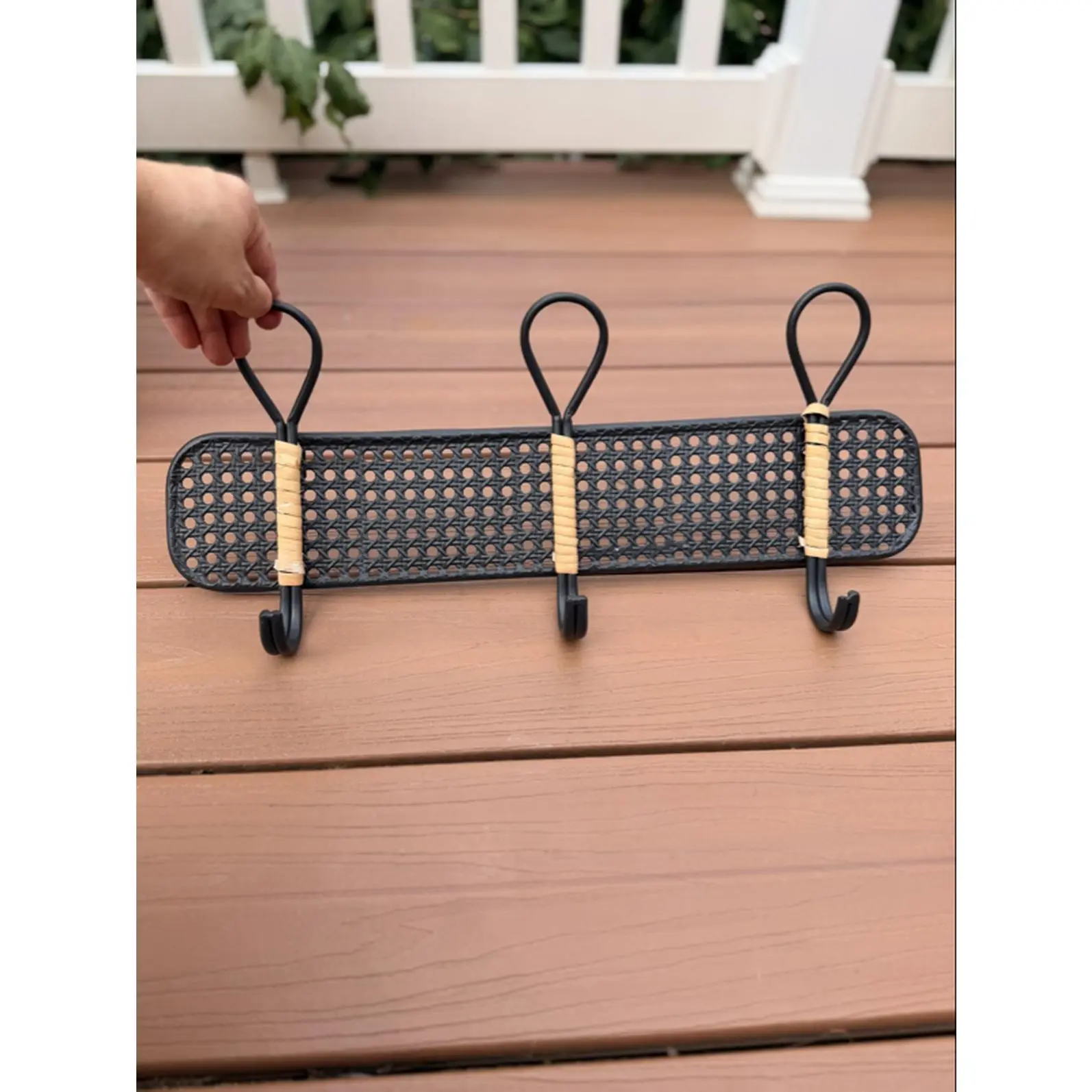 Black Metal and Rattan 3 Hook Hanger.