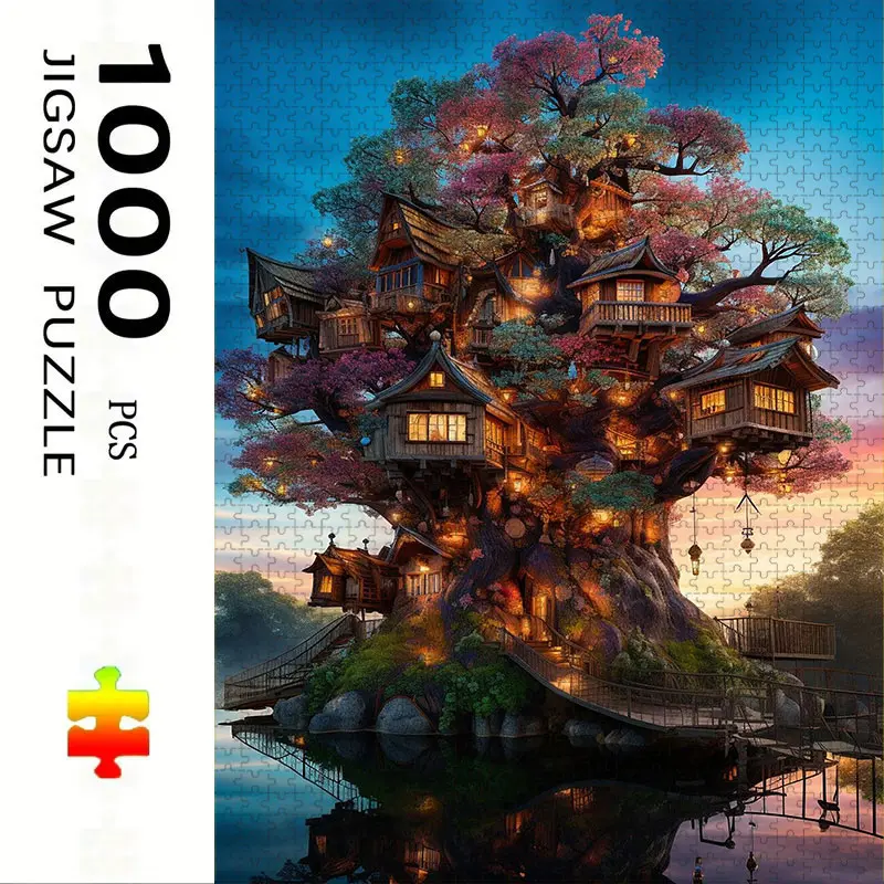 1000 Piece Overlapping Treehouse Puzzle, Jigsaw Puzzles, Large Adult Family Interactive Toy, DIY Home Decor Brain Challenge, Holiday Scene, Perfect Gift