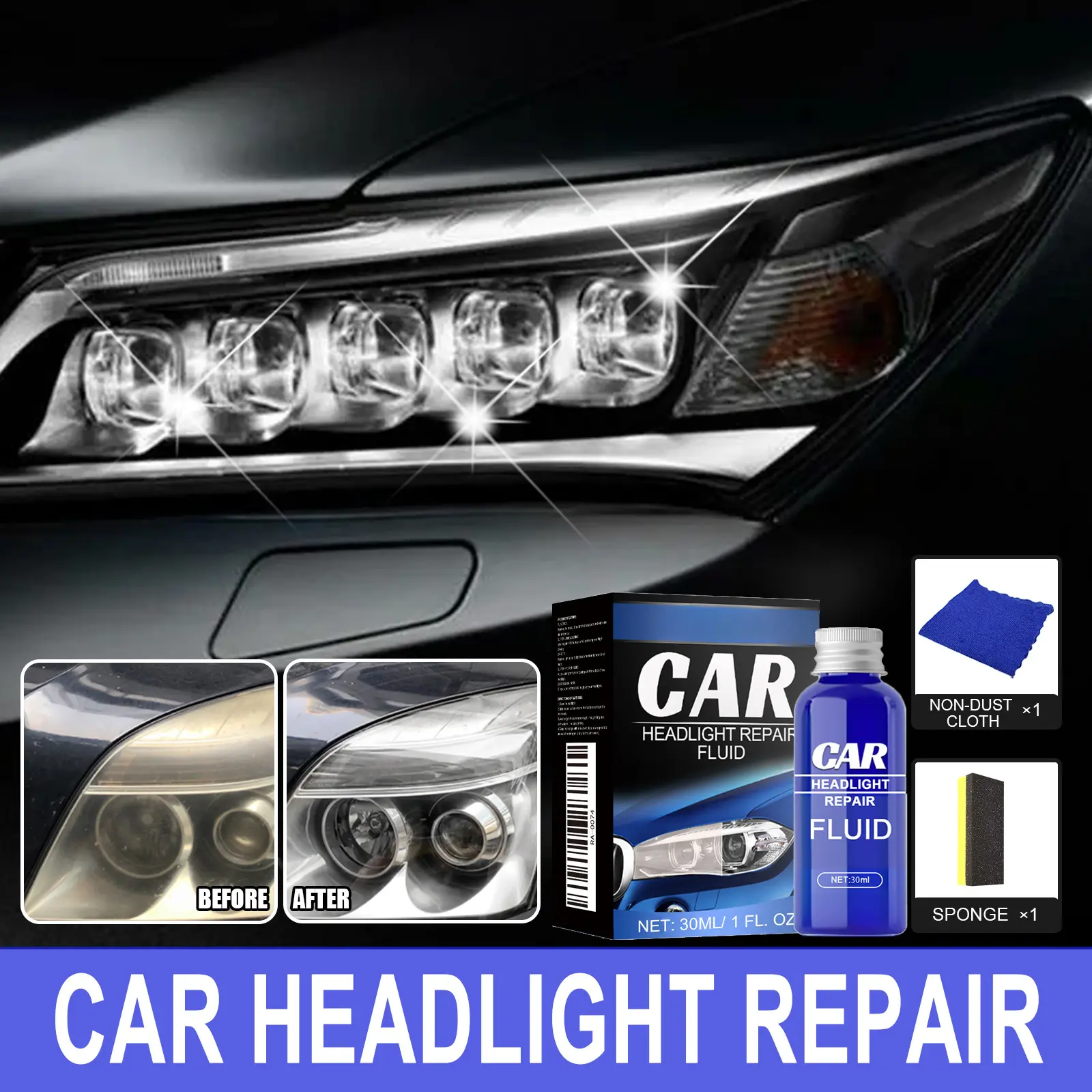 Car Headlight Restoration Kit – Headlight Cleaner, Polisher, and Sponge for Clear, Bright Lights
