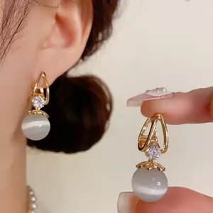 LisiZen Cat Eye Stone Hoop Earrings 14K Gold Plated Chic Minimalist Design, Sparkling Crystal Ball Drop Earrings Fashion Jewelry Gift for Women DZEH4083
