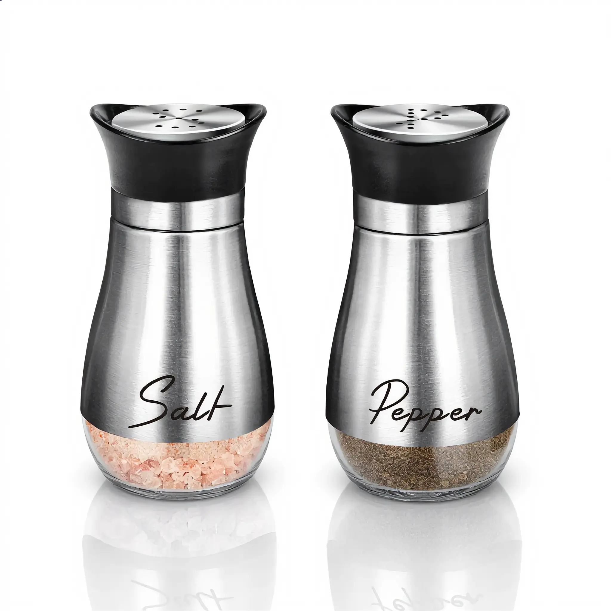 Classic 4oz Transparent Glass Salt and Pepper Shaker Set - 4 Inches Tall, Stainless Steel Lids, S/P at a Glance, Durable & Transparent Design, Kitchen Utensils for Kitchen, BBQ, Reusable