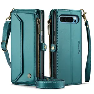 Leather Zipper Wallet Card Holder with Lanyard Crossbody Bag Anti-Drop Phone Case for Google Pixel 10 Pro Xl, Pixel 9 Pro Xl, Pixel 8, Zipper Phone Pouch