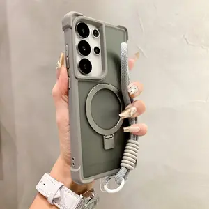 Luxury Lanyard Magnetic Armor Folding Stand Phone Case For Samsung S24 S25 Ultra Plus S23Ultra 5G Shockproof Protective