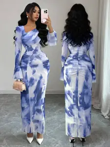 Women's French Vintage Tie-Dye Print Mesh Ruched Slim Fit Flare Sleeve Tight Mini Dress, Elegant Ombre Design, All Seasons, Bodycon Smooth Dress