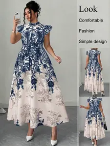 Plus Size Vintage Blue Polka Dot Midi Dress, Sleeveless Loose-Fit Casual Dress, Perfect for Vacation, Tea Time, Wedding Guests, Daily Wear