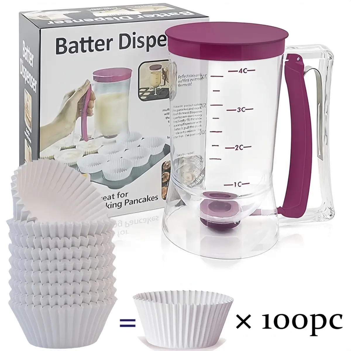 Pancake & Batter Dispenser with Graduated Measuring Markers - 2c,3c,4c Capacity, Kitchen Utensil for Baking Beginners, Waffle or Cupcake Bakeware Accessory, Includes 100 Cake Cups