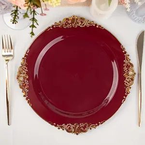10-Pack Disposable Dinnerware Set - 10" Plastic Round Burgundy Dinner Plates with Gold Leaf Embossed Rim, Vintage Baroque Style Party Supplies Individual Pack Plates