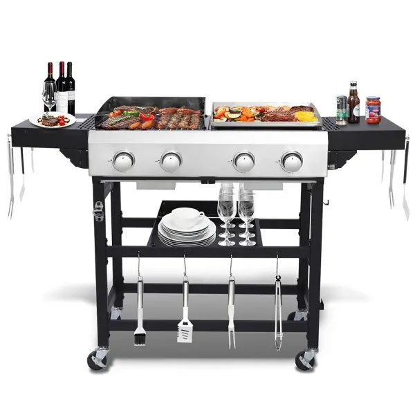Sturdy 4-Burner Propane Gas Grill & Griddle Combo, 40,000 BTUs Stainless Steel Griddle & Cast Iron Grill for Outdoor Camping, Tailgating Cooking