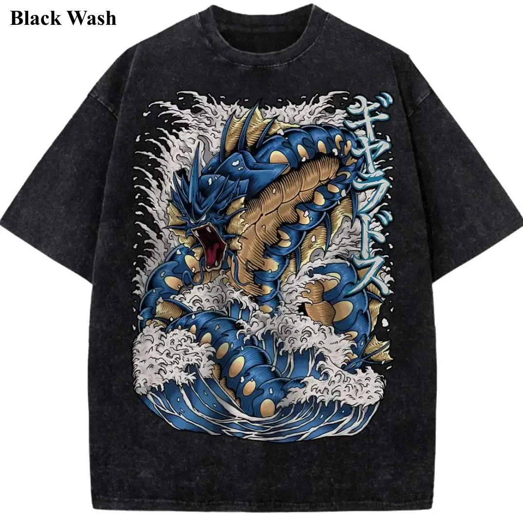 Vintage Gyarados Wash Tee, Pocket Monster Graphic Tees, Pocket Monster T-Shirt, Unisex Anime Shirt, PKM Gift, Gym Workout Shirt, Menswear Womenswear Streetwear Top Fit Oversize