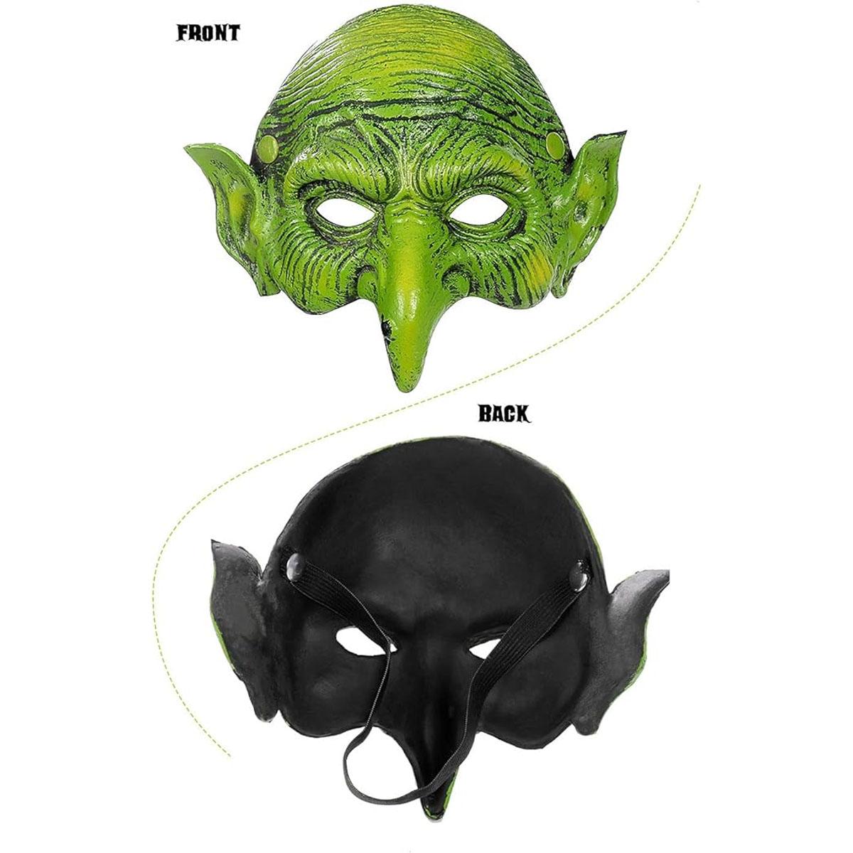 green goblin mask，Horror Green Witch Mask, realistic pleated texture and pointed ear design, suitable for cosplayers with Halloween horror themes, haunted house carnival prank props, movie night role-playing theme party decoration accessories