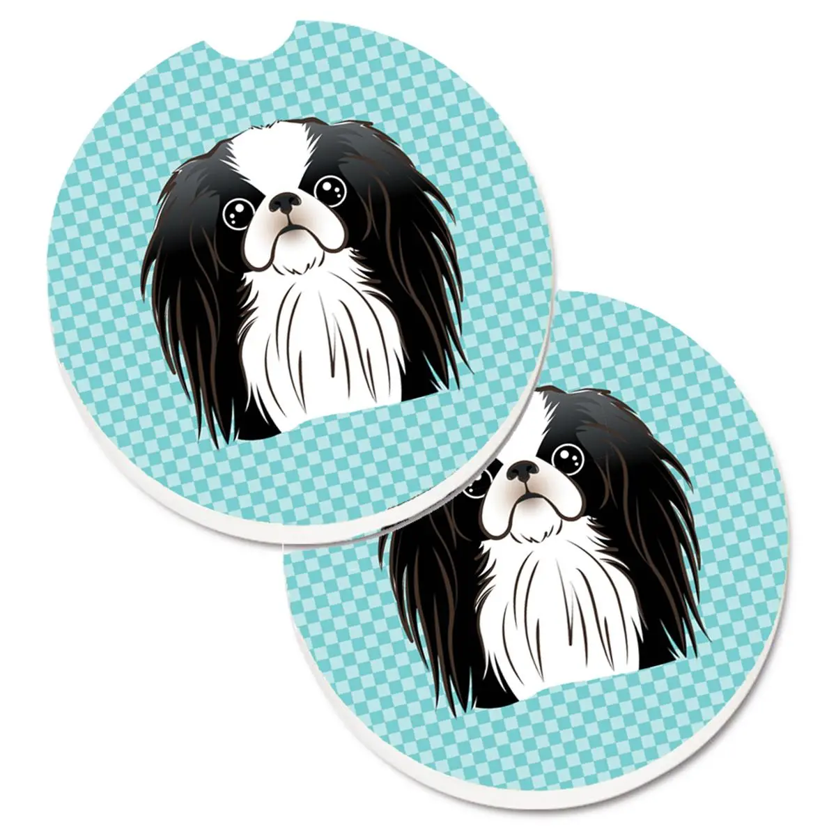Checkerboard Blue Japanese Chin Sandstone Car Coaster Set of 2, 2.5x2.5 in, 0.75 lbs, Water Absorbent, Cut-Out Slot for Easy Removal, Anti-Mess, Automotive Interior Decoration Accessory, Checkered